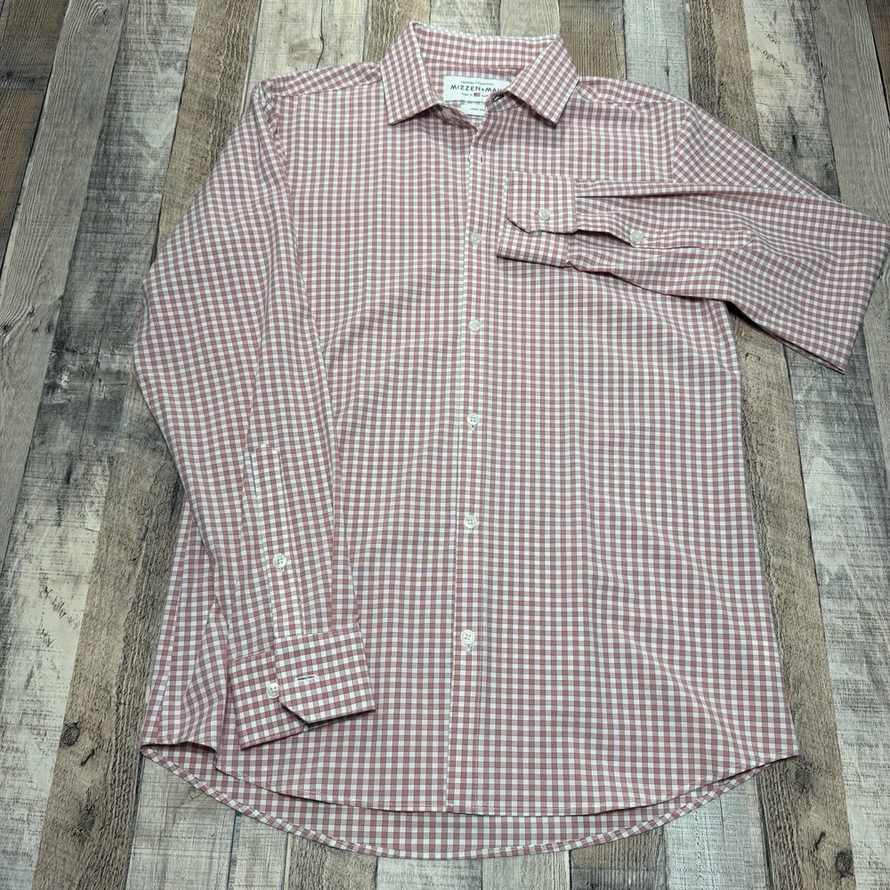 Mizzen+Main Button Down Shirt Men Large Pink White Gingham Check Performance